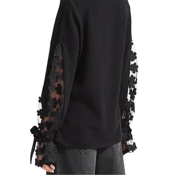 French Connection Caballo floral lace sleeve sweater black knit coquette bow M - Picture 5 of 13